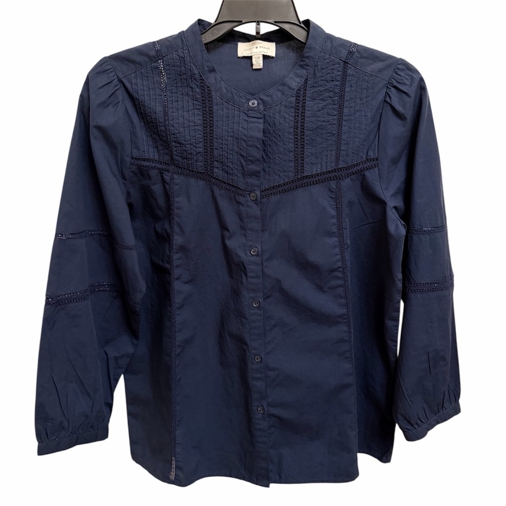 NWOT Lucky Brand Womens Blouse Navy Blue Eyelet Boho Peasant Henley Size S
